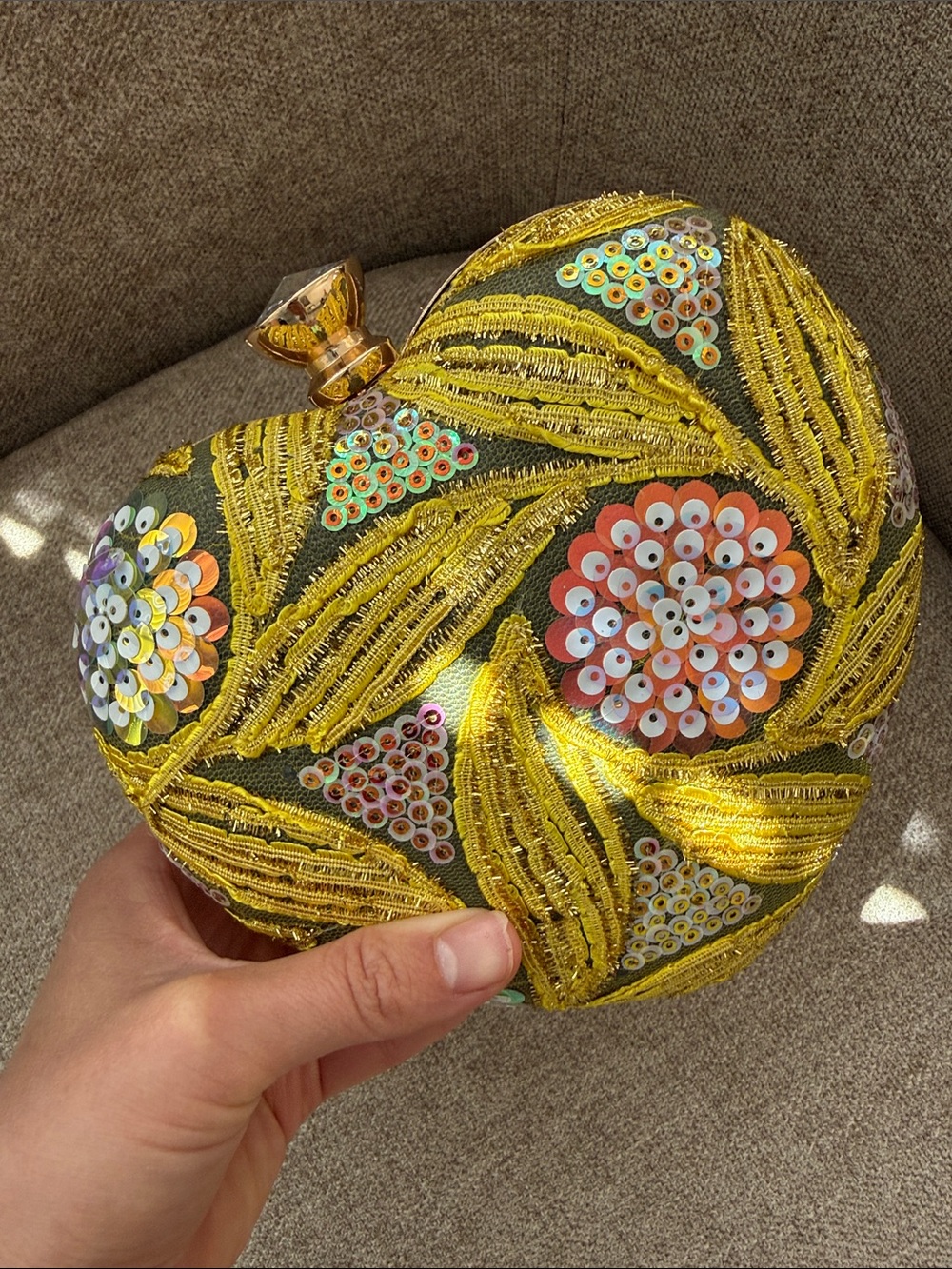 Anthropologie Yellow Floral Sequin Heart Clutch